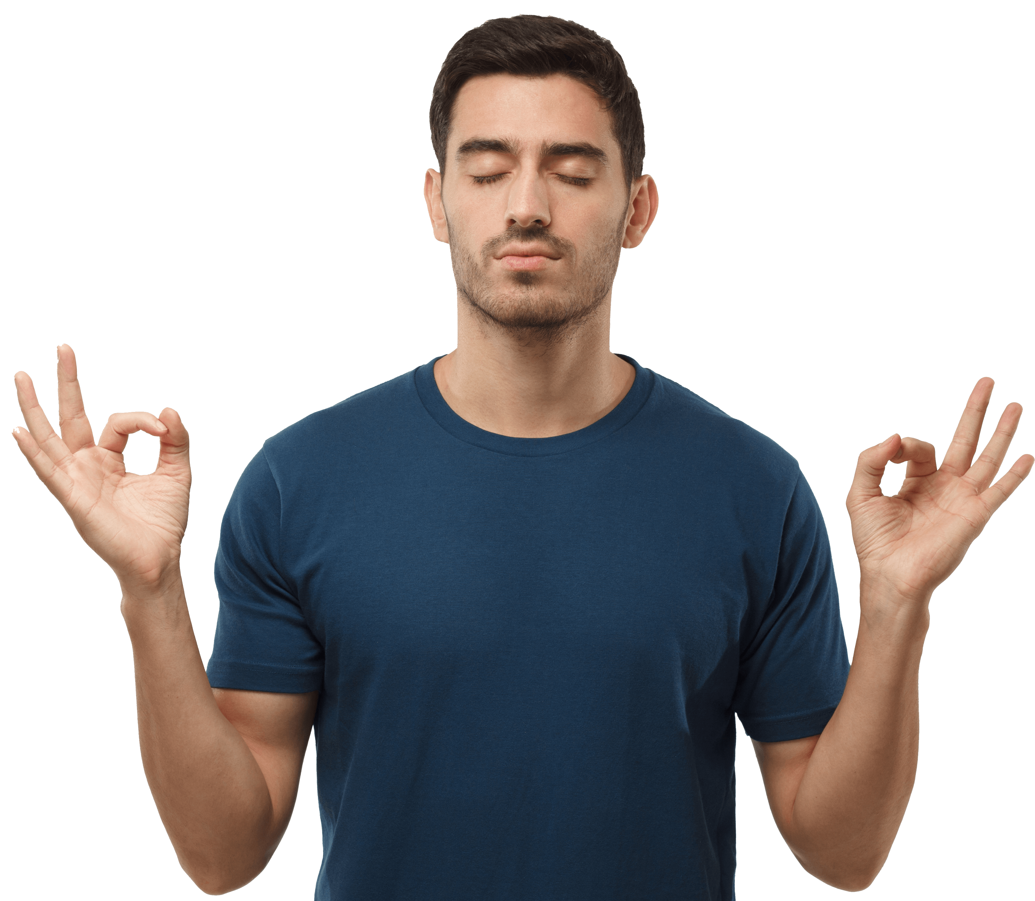 לנשום ולהצליח - relaxed man in blue t-shirt with closed eyes, having relaxation while meditating, trying to find balance and harmony